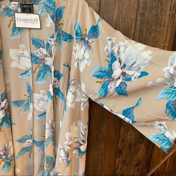 Twelve by On Twelve S NWT Cream Turquoise Floral Flowy Open Boho Kimono Duster - Picture 5 of 10